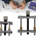 Pro Grade Watch Movement Holder Alloy Fixed Base Case Clamp Opening Durable Multi Function Watchmaker Tool For Precise Repairs Fits No 4039 B No 4040 A Movements Jewelry Making And Case Adjustments; visible two holders and watchmaker hands.