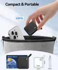 Person placing UltraFast 256GB External SSD with 2 in 1 USB C cable, portable storage for USB C phones, in a small bag.