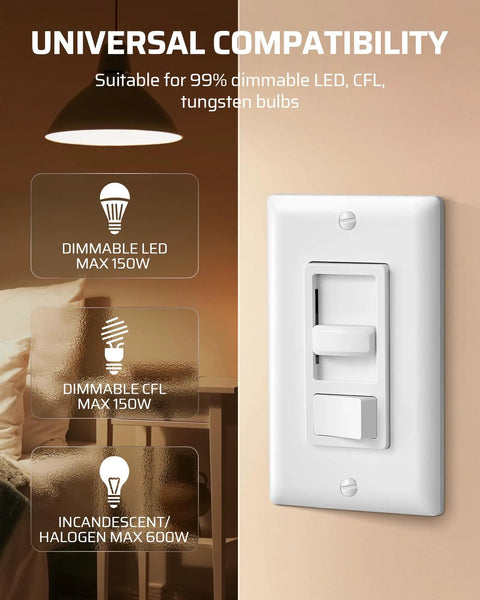 Two Pack Dimmer Light Switches Featuring Quiet Smooth Glide Slider And No Sweat Flicker Free Minimum Brightness Control With No Neutral Wire Required For Breezy Single Pole Or Three Way Install, showing compatibility info.