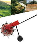 Manual Hand Push Garden Seeder Walk Behind Row Crop Planter With 10 Nozzles shown with lush green terraces