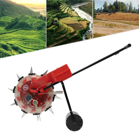 Manual Hand Push Garden Seeder Walk Behind Row Crop Planter With 10 Nozzles shown with lush green terraces