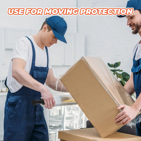 Two workers using Beefy Heavy Duty Stretch Wrap With Handles 15 Inch X 1000 Feet 60 Gauge Film Roll for securing a box