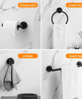 Matte Black 10 Piece Bathroom Hardware Set Includes Two 24 Inch Towel Bars A Towel Ring A Toilet Paper Holder And Four Robe Hooks Rustproof Metal Bath Accessories For A Modern Home Upgrade, shown with towel bars, ring, hooks, and holder on white marble.