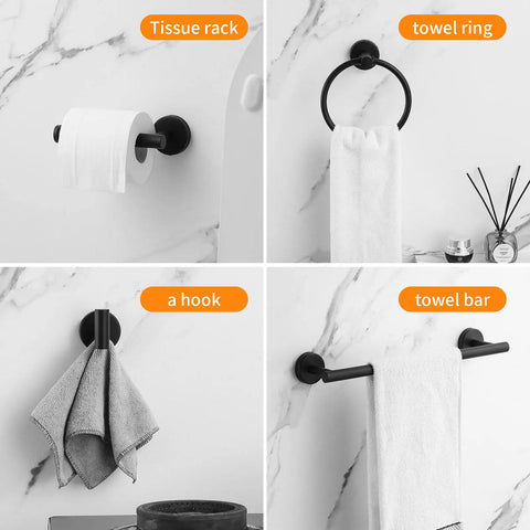 Matte Black 10 Piece Bathroom Hardware Set Includes Two 24 Inch Towel Bars A Towel Ring A Toilet Paper Holder And Four Robe Hooks Rustproof Metal Bath Accessories For A Modern Home Upgrade, shown with towel bars, ring, hooks, and holder on white marble.