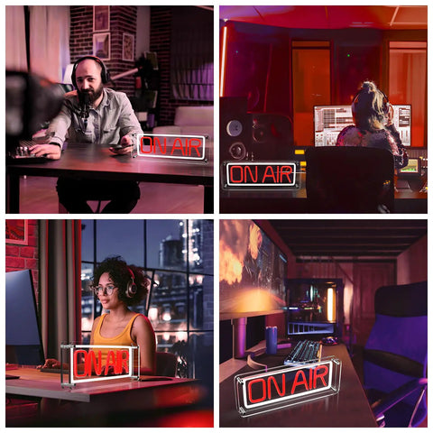 On Air Neon Sign USB Powered For Recording Streaming And Podcast Home Studio in different studio setups.