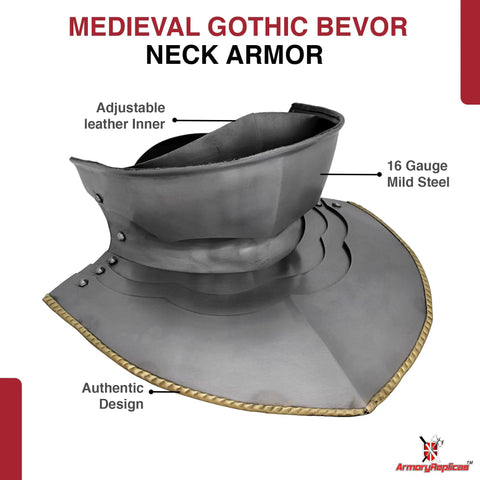 Medieval Gothic Bevor Neck Armor In Silver, 16 Gauge Mild Steel with adjustable leather inner for face, neck protection.