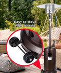 Front view of outdoor gas patio heater with universal movable wheel kit; inset shows two black caster wheels.