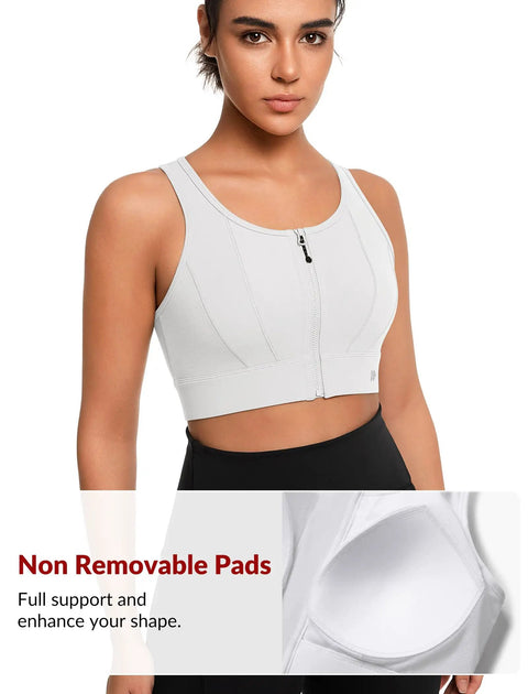Front Closure High Impact Sports Bra For Women Plus Size White L Plus with non-removable pads and front zip shown on model
