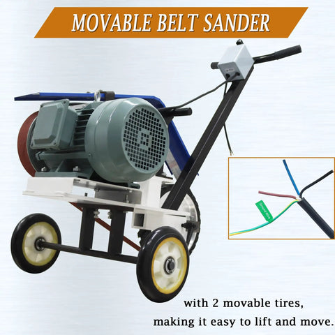 Heavy Duty Motorized Belt Sander Plus Adjustable Angle Polisher With Smooth Rolling Wheels For Fast Rust Removal And Badass Metal Buffing Jobs Around The Shop 220 Volt with movable tires for easy transportation.