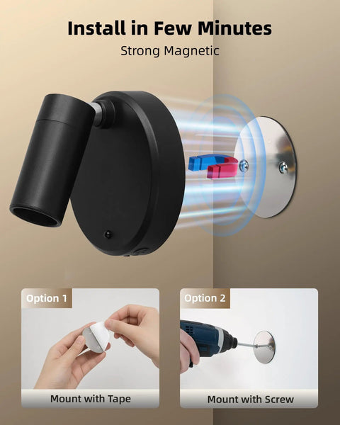 Cordless Indoor Spotlight Kit With Remote, 5500mAh Rechargeable Battery, black spotlight installation guide with tape or screws.