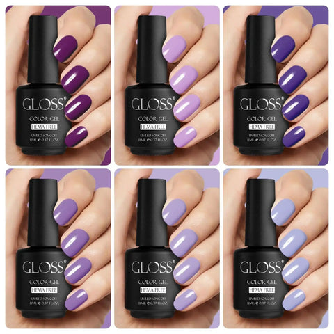 Six Piece Purple Gel Nail Polish Set Dope HEMA Free Lavender Lilac Violet Royal Purple Dark Blue UV LED Gel Kit manicure