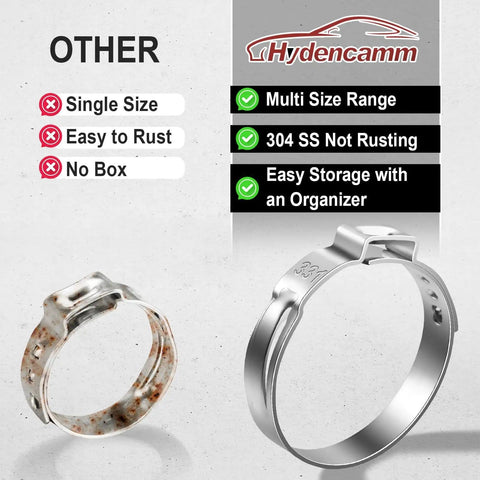 Comparison of rusted single size clamp versus a stainless steel clamp from Heavy Duty Stainless Steel Ear Clamps Set 220 Pcs With 16 Sizes 5.3 To 31.1 mm Stepless Adjustable Crimp Clamps For Auto Home Appliance Plumbing and Industrial Projects Pro Grade and DIY Friendly