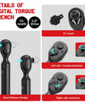 Detailed view of a One Half Inch Drive Digital Torque Wrench with 72-tooth design, showing left and right side operations, 1/2-inch drive.
