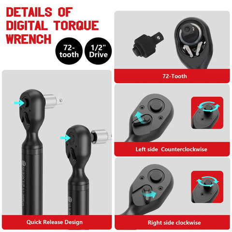 Detailed view of a One Half Inch Drive Digital Torque Wrench with 72-tooth design, showing left and right side operations, 1/2-inch drive.