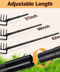 2 In 1 Garden Hoe Cultivator With 62 Inch Long Handle Stirrup Weeder And Soil Loosener shown with adjustable lengths of 37, 49, 62 inches.