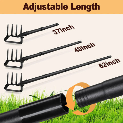 2 In 1 Garden Hoe Cultivator With 62 Inch Long Handle Stirrup Weeder And Soil Loosener shown with adjustable lengths of 37, 49, 62 inches.