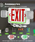 2 Pack Red Exit Signs With Emergency Lighting And 90 Minute Battery Backup showing accessories, plug-in cord, and light features.
