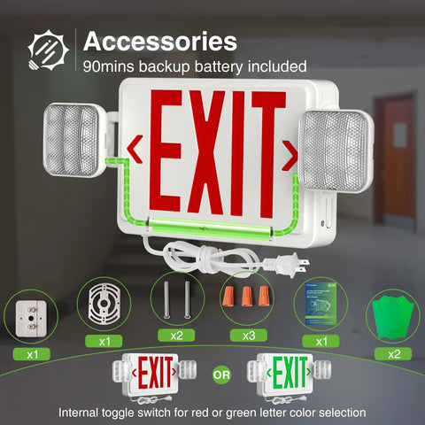 2 Pack Red Exit Signs With Emergency Lighting And 90 Minute Battery Backup showing accessories, plug-in cord, and light features.