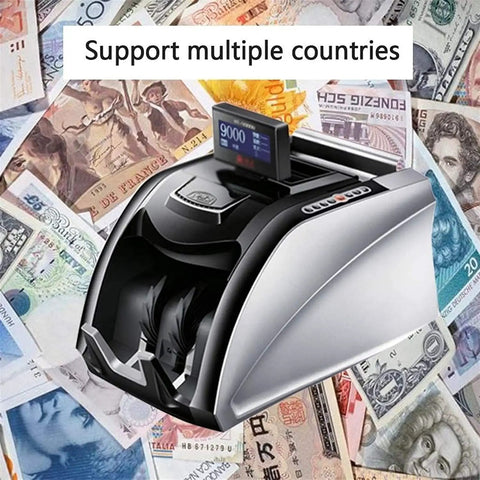 Boss Level Money Counter With UV MG Counterfeit Detection on a backdrop of various currencies, showcasing its multi-country support.