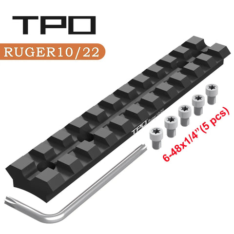 Ruger 10/22 Picatinny Rail Mount for Red Dot Sights Scopes and Optics, 11 Slot 6061 T6 Aluminum shown with screws and tool.