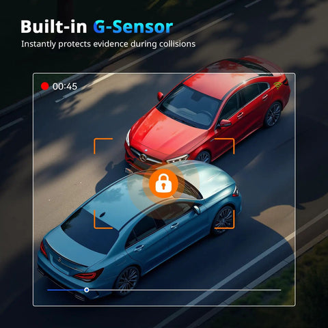 Dual Dash Cam Front And Rear For Cars 4K Plus 2K Video With 64GB Card Included G Sensor protection view in action.