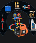 4.5 CFM AC Vacuum Pump and Gauge Set for Go-To Mini Split HVAC and Auto Systems, Three-Way Manifold with 3 Hoses, 2 R134a Can Taps, R22 R32 R134a R410a Compatible, Upgraded Trifold Storage Case, Portable and Durable Kit, with pump oil and adapters