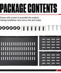 Package contents including screws and black steel mount bracket for Slick Under Desk Computer Mount Bracket For Small Form Factor PCs And Gaming Rigs That Will Kick Clutter To The Curb While Upgrading Your Home Office Setup And Keeping Gear Securely Fastened.