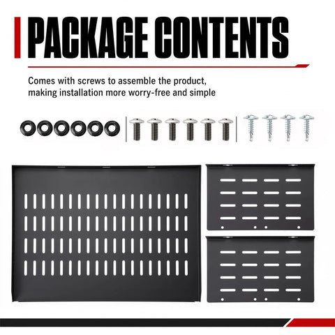 Package contents including screws and black steel mount bracket for Slick Under Desk Computer Mount Bracket For Small Form Factor PCs And Gaming Rigs That Will Kick Clutter To The Curb While Upgrading Your Home Office Setup And Keeping Gear Securely Fastened.