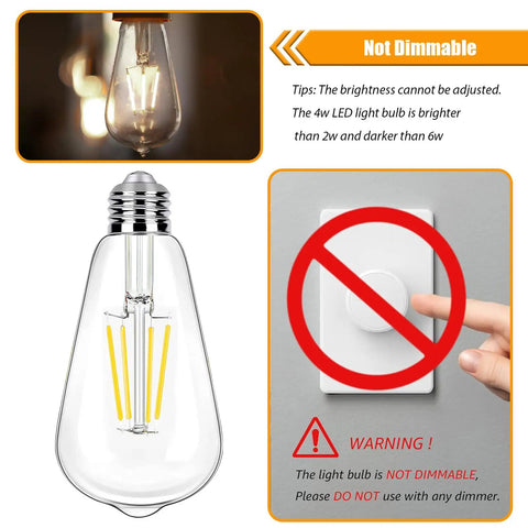 Brighten Up Your Space With LED Filament Bulbs, E26 Base, warning not dimmable illustration, clear bulb close-up