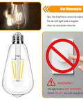Diagram showing Sixteen Pack LED Edison Bulbs 4W Equivalent To 40W Filament Not Dimmable 4000K Cool White label and dimmer warning