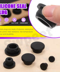 Must-Have Silicone Hole Plug Set With Fifty One Pieces In Six Sizes Eight Point Three Mm, Ten Mm, Fifteen Mm, Nineteen Mm, Twenty One Mm And Twenty Six Mm T Shaped Rubber Stoppers For Waterproof Snap On Bottle Seal Black displayed