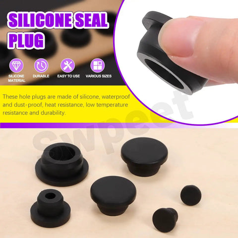Must-Have Silicone Hole Plug Set With Fifty One Pieces In Six Sizes Eight Point Three Mm, Ten Mm, Fifteen Mm, Nineteen Mm, Twenty One Mm And Twenty Six Mm T Shaped Rubber Stoppers For Waterproof Snap On Bottle Seal Black displayed