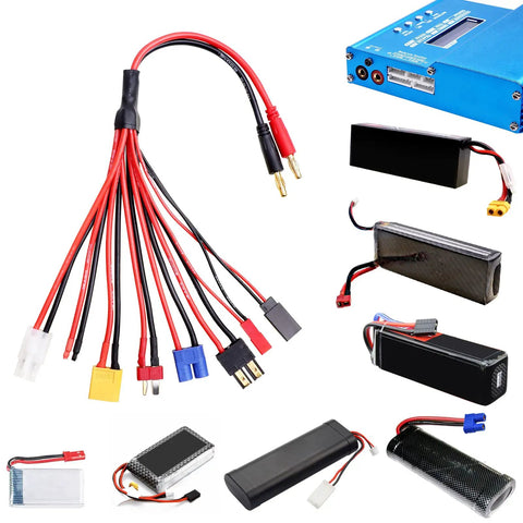 Eight In One RC Charger Splitter Cable Plug And Play With Four Millimeter Banana Plug To Deans TRX Tamiya XT60 EC3 JST Futaba and battery types.