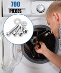 Nuts and bolts assortment kit, 700 pieces in stainless steel with storage case; inset close-up of screws and washers.