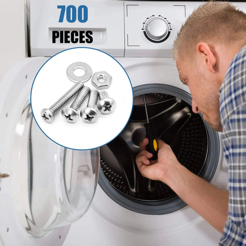 Nuts and bolts assortment kit, 700 pieces in stainless steel with storage case; inset close-up of screws and washers.