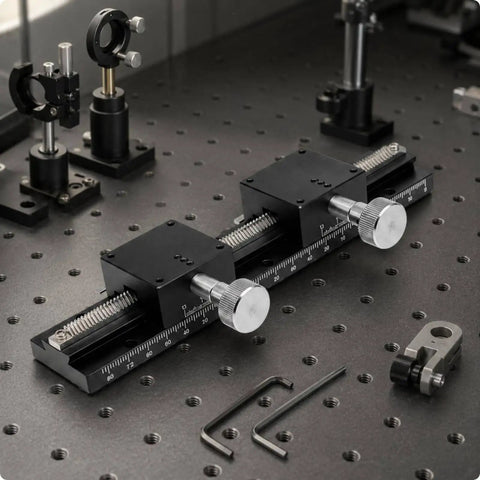 Pro Grade Linear Motion Dovetail Rail Stage Slide For Precise Alignment, 40x40 Table, 250mm Length, 25mm Travel, Dual 100mm Guides, 3kg Load, 0.06mm Parallelism, 210mm Stroke, Anodized Aluminum Body For Lightweight Rigidity on optical table