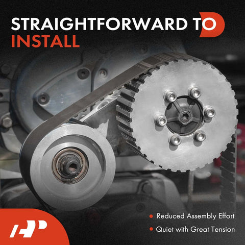 A-Premium belt idler pulley, front view; silver metal, large toothed pulley with six-bolt hub and belt.