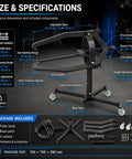 Beefy Three Jaw Brake Drum Puller with adjustable arms and four caster legs showing size and component specifications