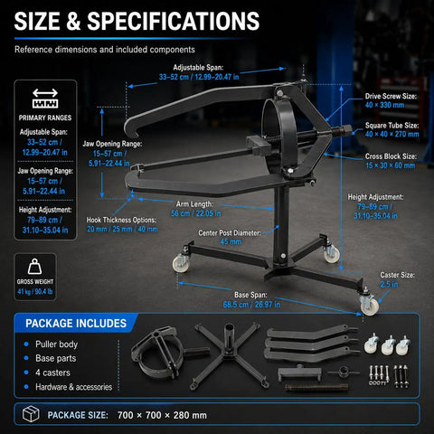Beefy Three Jaw Brake Drum Puller with adjustable arms and four caster legs showing size and component specifications