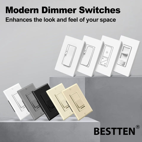 Two Pack Dimmable Light Switch For Single Pole Or 3 Way, Flicker Free With Side Adjustment Wheel, No Neutral Required, Works With LED CFL Incandescent And Halogen Bulbs, Decor Wall Plate Included, UL Listed, White, displayed in multiple colors against a neutral background