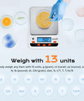 Pro Grade High Precision Lab Scale 5000g/0.01g with samples and display, showing 13 units, for lab, jewelry, kitchen use