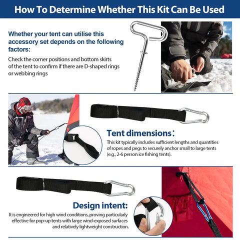 Beefy Heavy Duty Ice Fishing Shelter Tie Down Kit 24260 with ice anchors, straps, and use overview for QuickFish and Clam tents.