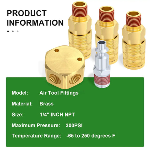 Three-Way 1/4 Inch NPT Hex Style Air Manifold With Brass Couplers And Plugs, Quick Connect Air Splitter Kit, product specifications