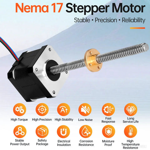 Triple Pack Nema 17 Stepper Motors With TR8x8 200mm Lead Screws, showing motor and screw features for 3D Printer CNC use.