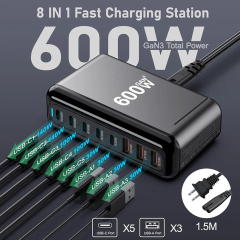 600W USB C Charger Hub With 8 Ports Fast Charge Station GaN PPS PD 140W 100W Power Adapter For Laptops iPad iPhone