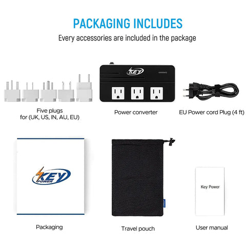 Packaging contents of 230W Step Down Voltage Converter 220V To 110V With USB C Port 18W Travel Adapter Worldwide 5 Socket UK US AU EU IN For Overseas Use With USA Appliances.