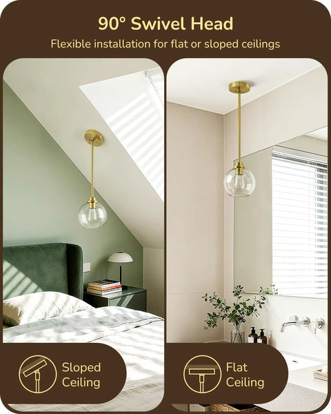 Two Pack Slick Vintage Pendant Lights With Clear Glass Globes And Gleaming Gold Canopies Adjustable Drop Length Perfect For Kitchen Islands Dining Rooms Emitting A Cozy Vibe Hardwired Installation, showcasing flexible installation on sloped and flat ceilings.