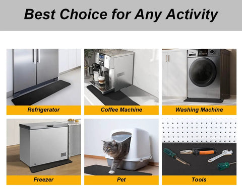 Heavy Duty Fridge Drip Pan And Leak Catcher Mat To Shield Floors From Watery Messes And Keep Your Place Bone Dry Non Slip Silicone Appliance Mat For Washer Or Freezer In Tough Black placed under various appliances.