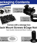 Heavy Duty M5 Rack Mount Screws And Cage Nuts With Nylon Locking Washers Stainless Steel Server Rack Hardware Kit contents showing screws, cage nuts, and washers.