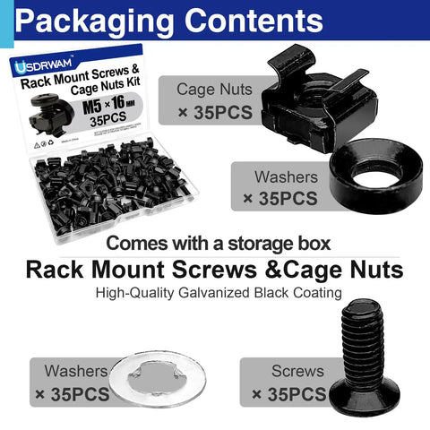 Heavy Duty M5 Rack Mount Screws And Cage Nuts With Nylon Locking Washers Stainless Steel Server Rack Hardware Kit contents showing screws, cage nuts, and washers.